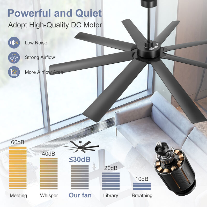 Breezary 72 Inch LED Ceiling Fan with Light,8 Blade, Remote Control, 6 Speeds, Quiet Indoor Fan image number 4