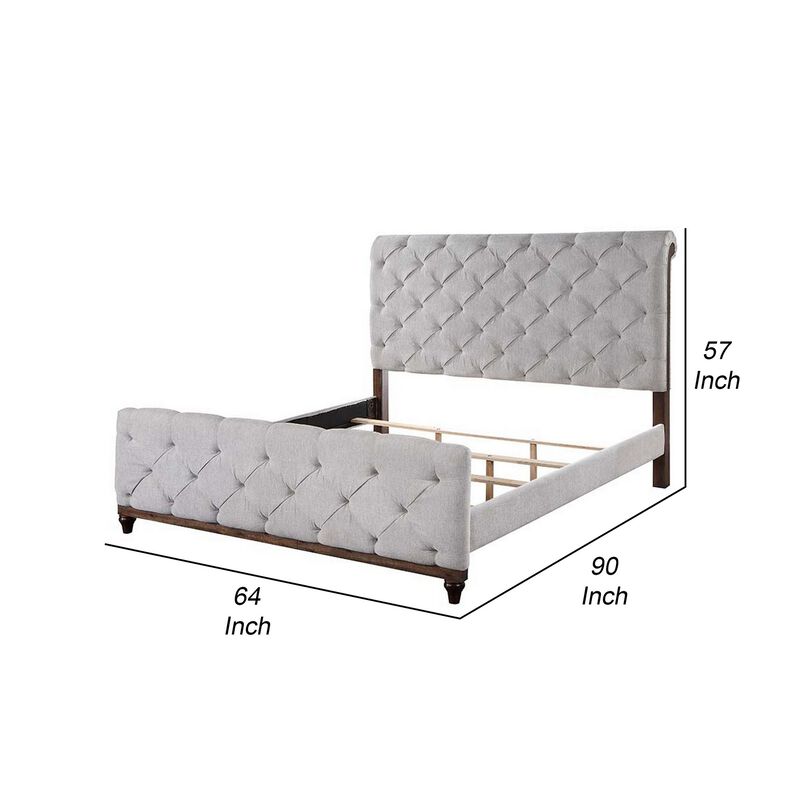 Kael Deep Tufted Queen Size Bed, Soft Light Gray Fabric Upholstered Frame - Benzara