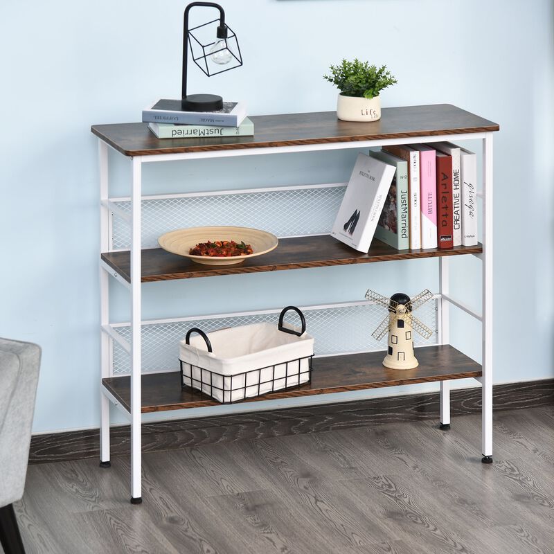 White Modern Console: 3-Tier Metal & Wood Table with Adjustable Feet