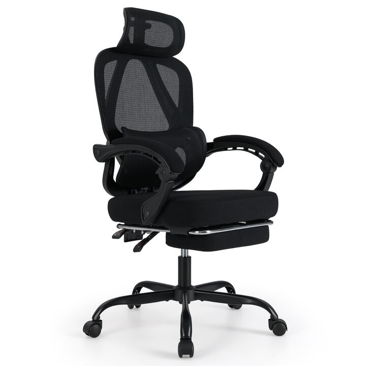 Mesh Office Desk Chair with High Back Support and Retractable Footrest