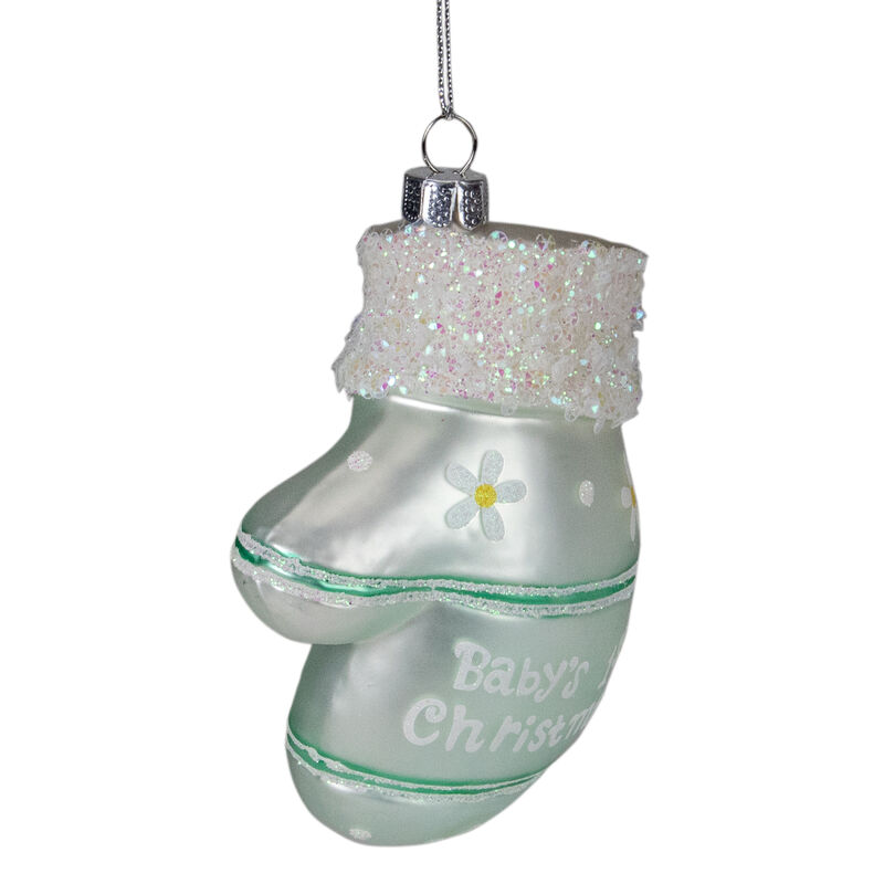 4" Baby's 1st Christmas Mint Green Glass Mitten Holiday Ornament image number 2