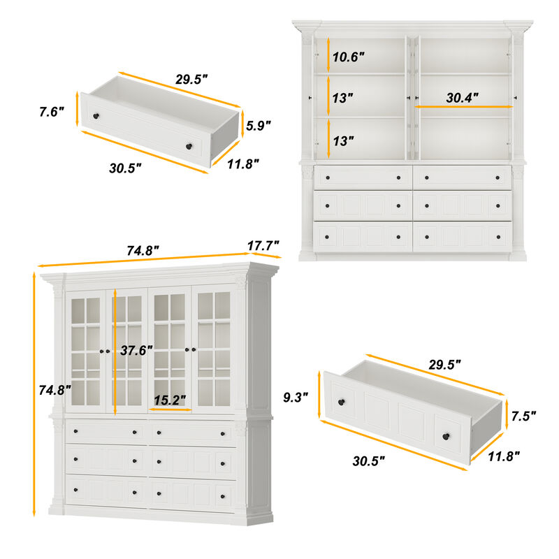 FUFU&GAGA Modern Kitchen Cabinet with 4 Glass Doors & 6 Drawers, Painted Finish, Black Handles, (74.8 in. W x 17.7 in. D x 74.8 in. H), White