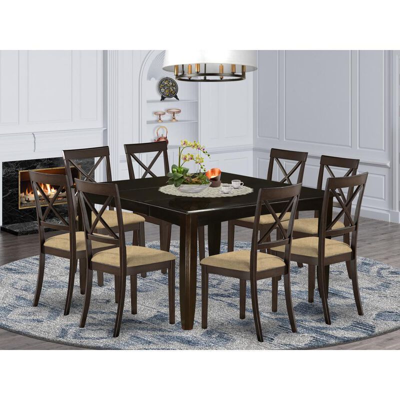 9 Pc Dining room set for 8-Kitchen Table with Leaf and 8 Linen Dinette Chairs.