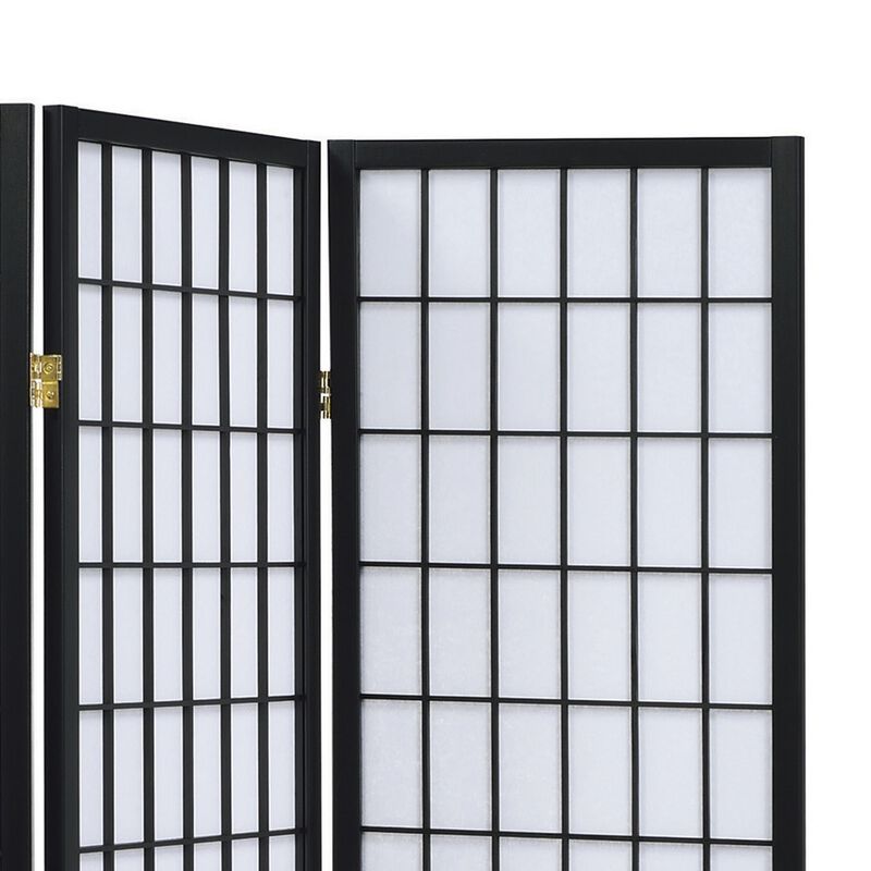 3 Panel Screen with Grid Design Wooden Frame, Black - Benzara