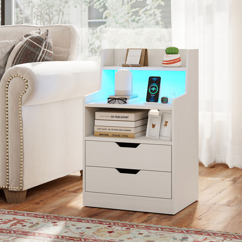 Nightstand End Table with LED Light and Charging Station for Bedroom and Living Room image number 4