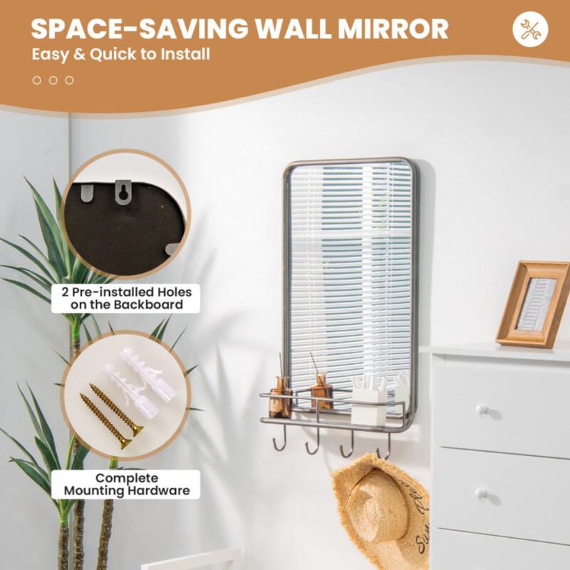 Hivvago Wall Bathroom Mirror with Shelf Hooks Sturdy Metal Frame for Bedroom Living Room