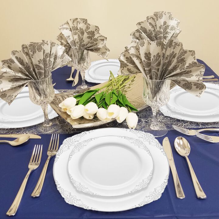 White with Silver Fancy Round Plastic Dinnerware Value Set (120 Sets)