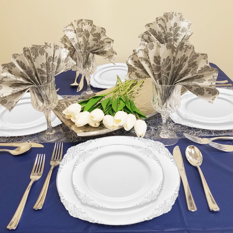 White with Silver Fancy Round Plastic Dinnerware Value Set (120 Sets) image number 1