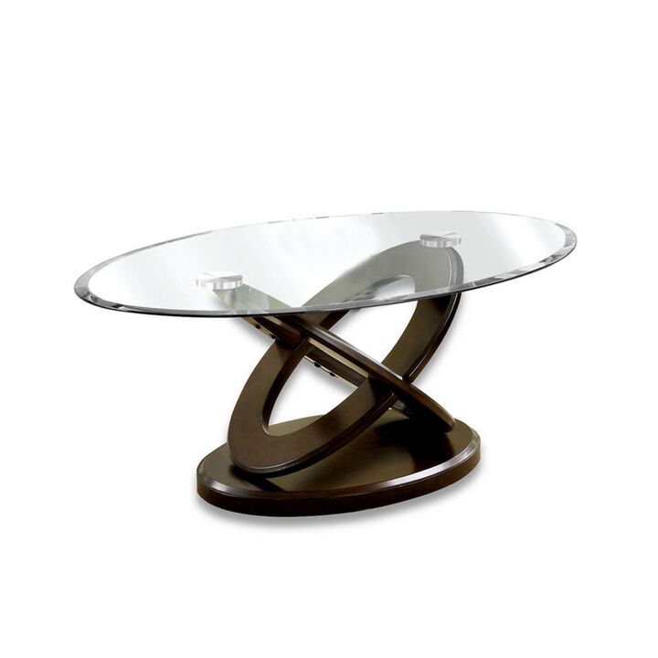 Oval Glass Top Coffee Table with Cross Oval Base, Brown and Clear-Benzara