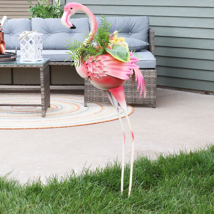Sunnydaze Iron Sheet Pink Flamingo Outdoor Statue with Flowerpot