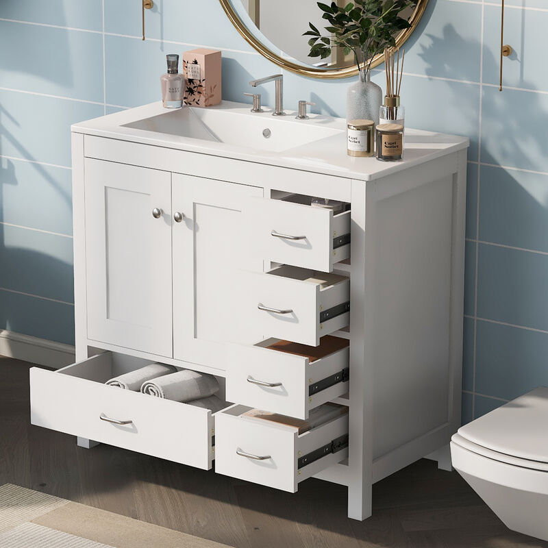 Merax Bathroom Vanity with Ceramic Sink  Freestanding Recessed  5 Drawers & 2 Soft-Close Doors Storage Cabinet Combo