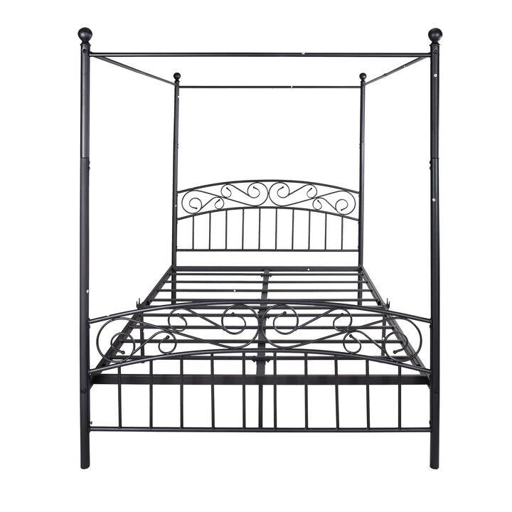 Clihome Queen Size Metal Canopy Bed Frame with Headboard and Footboard Black