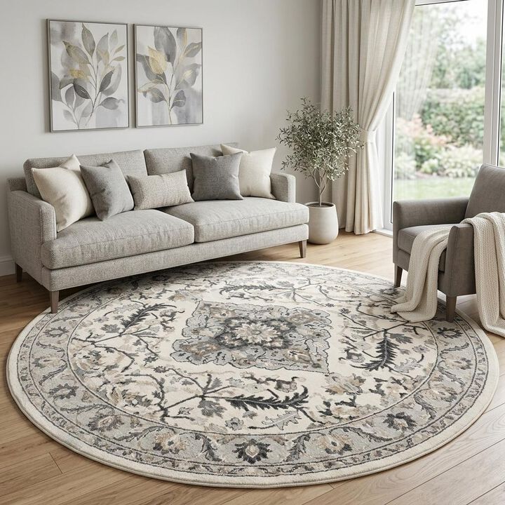 HomeRoots Floral Medallion Non Skid Round Rug
