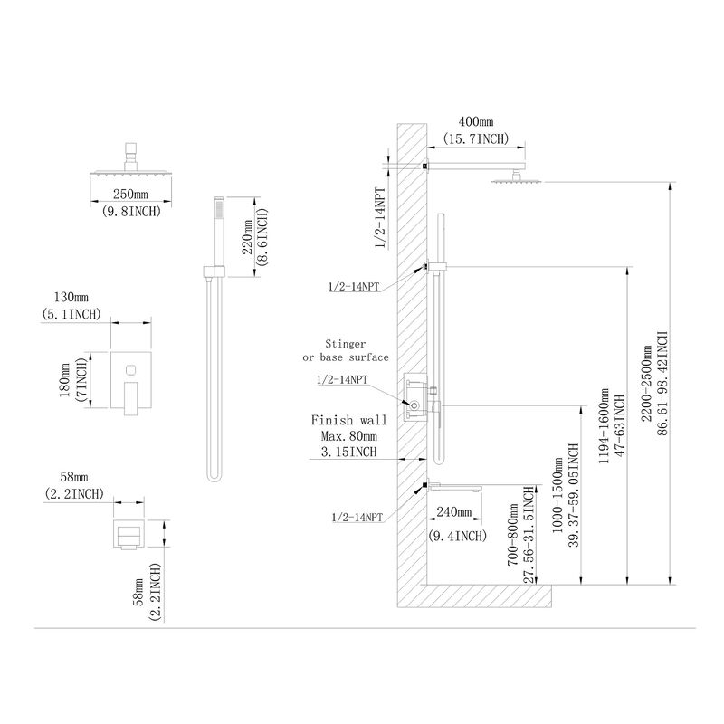 Shower System 10 Inch Square Bathroom Luxury Rain Mixer Shower Combo Set