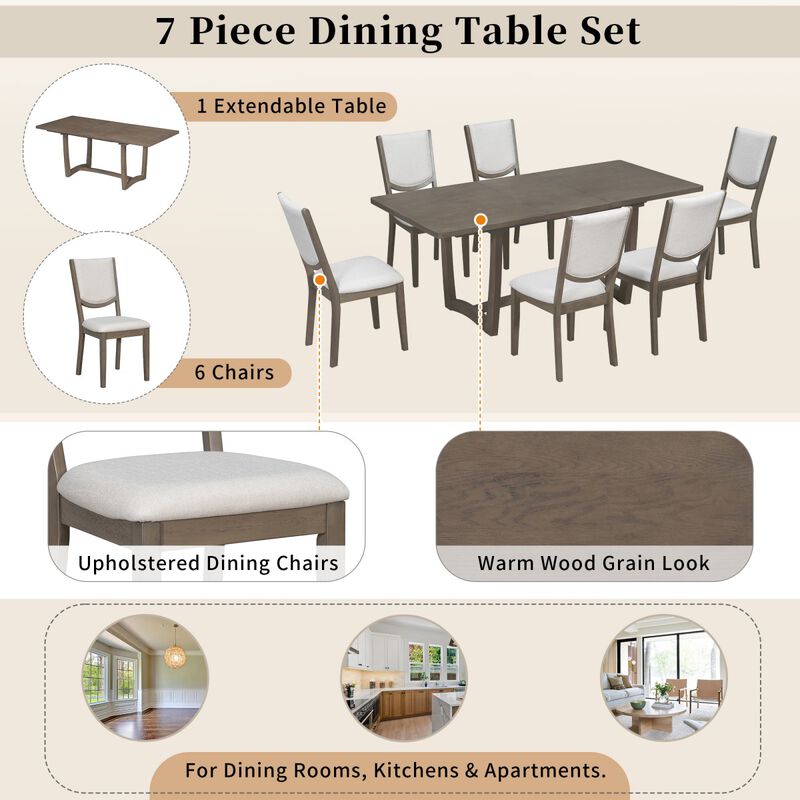 7 Piece Extendable Dining Table Set with 6 Upholstered Chairs, rectangular wood dining table set, dining room furniture set image number 6