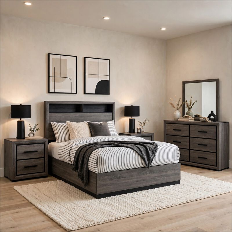 Kalie 5pc Queen Bedroom Set with Bookcase Headboard, 2 Nightstands, Gray image number 1