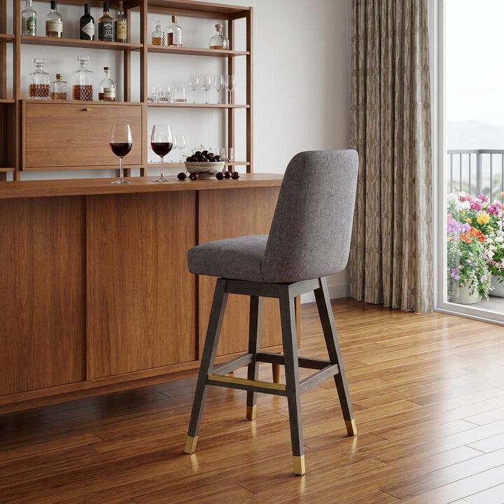 HomeRoots 30" Gray And Brown Fabric And Solid Wood Bar Height Swivel Bar Chair