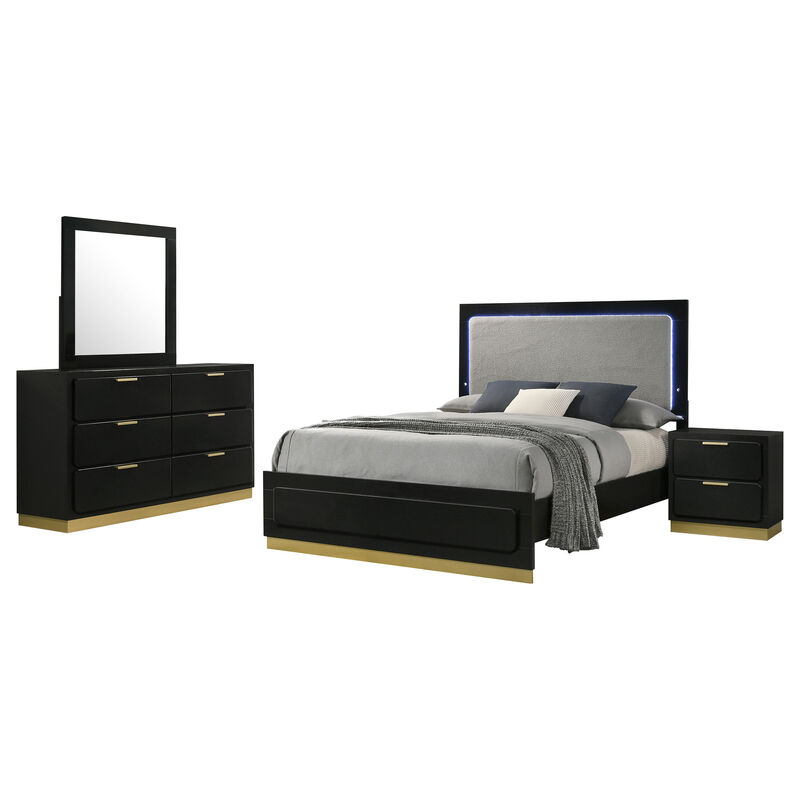 Caer 4pc Queen Bedroom Set in Black, Gold Accents, Gray Upholstery