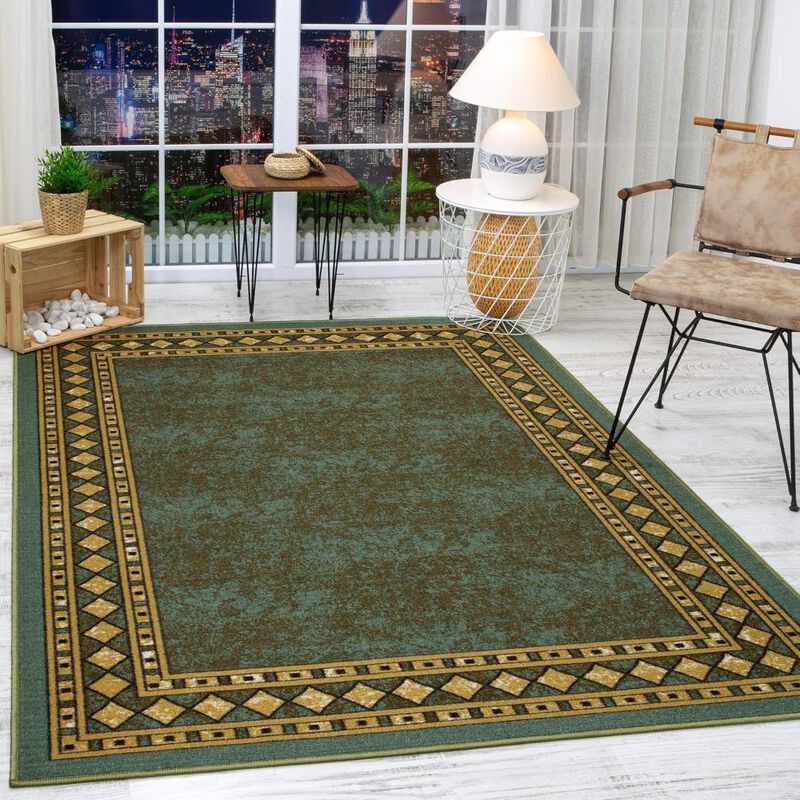 Green Low Profile Bordered Floor Rug