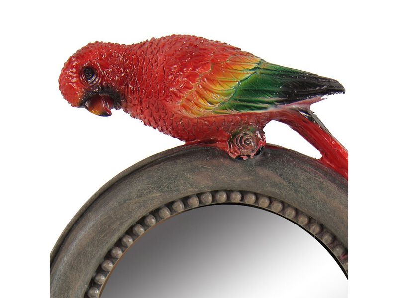 Round Wooden Framed Mirror with Parrot Sculpture Top, Multicolor-Benzara