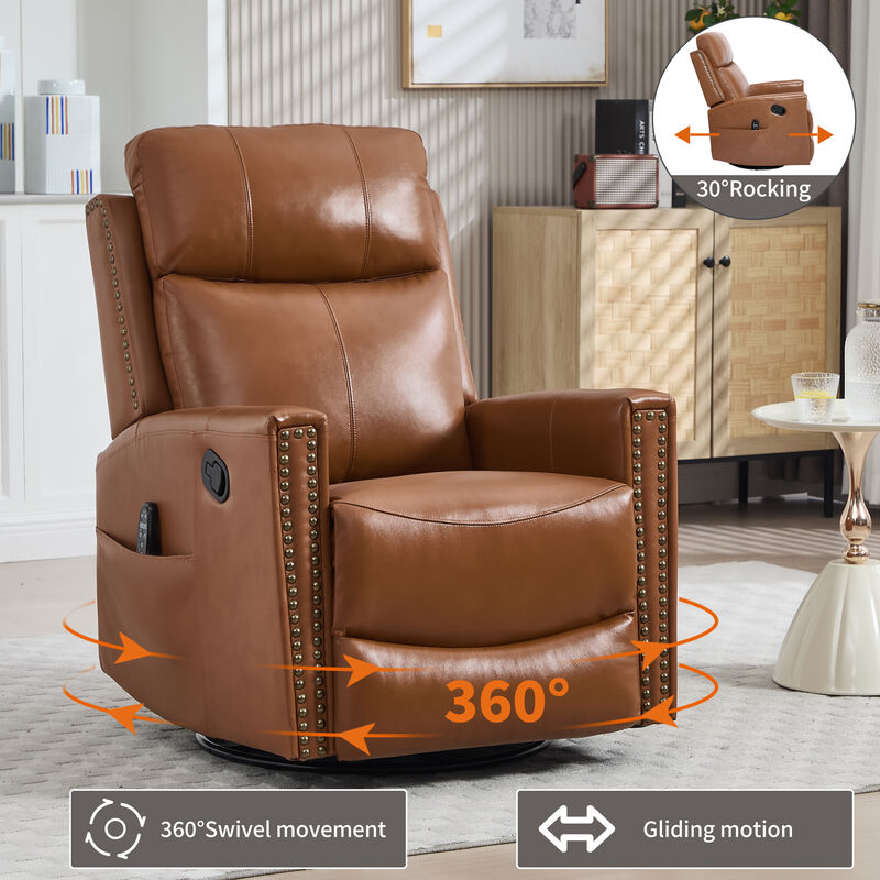 Genuine Leather Heat Massage Manual Recliner Chair with Rocker and Swivel for Living Room image number 5