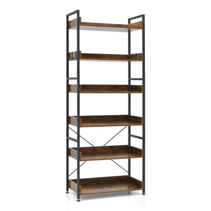 Hivvago 6-Tier Tall Industrial Bookcase with Open Shelves and 4 Hooks