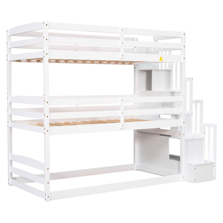Twin Size Triple Bunk Bed with Storage Staircase, Separate Design, White
