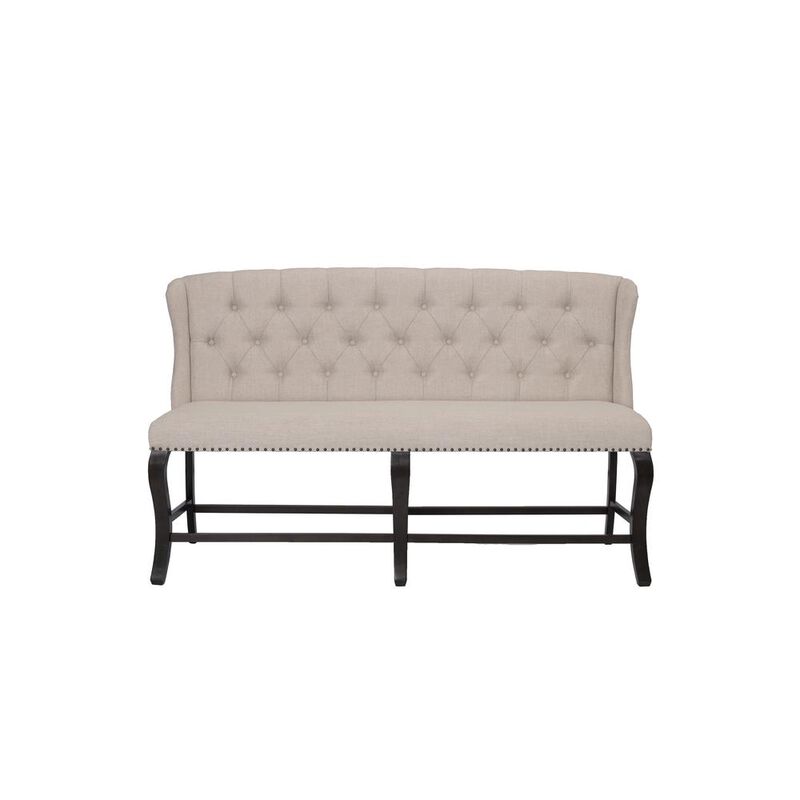 Best Quality Furniture Counter Height Upholstered Bench with Backrest, Tufted Buttons, and Nailhead Trim. Beige