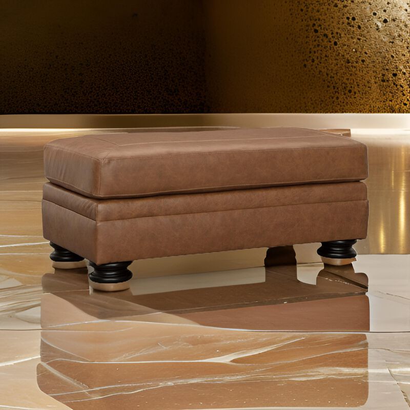 Aida 44 Inch Ottoman, Plush Cushion Top, Caramel Brown Genuine Leather - Benzara