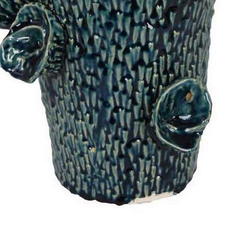 17 Inch Vase with Barnacle Design And Floral Details, Blue Ceramic Finish - Benzara