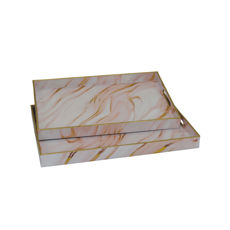 Hamza Rectangular Tray, Set of 2, Pink-Gold Marble Finish Polyurethane image number 2