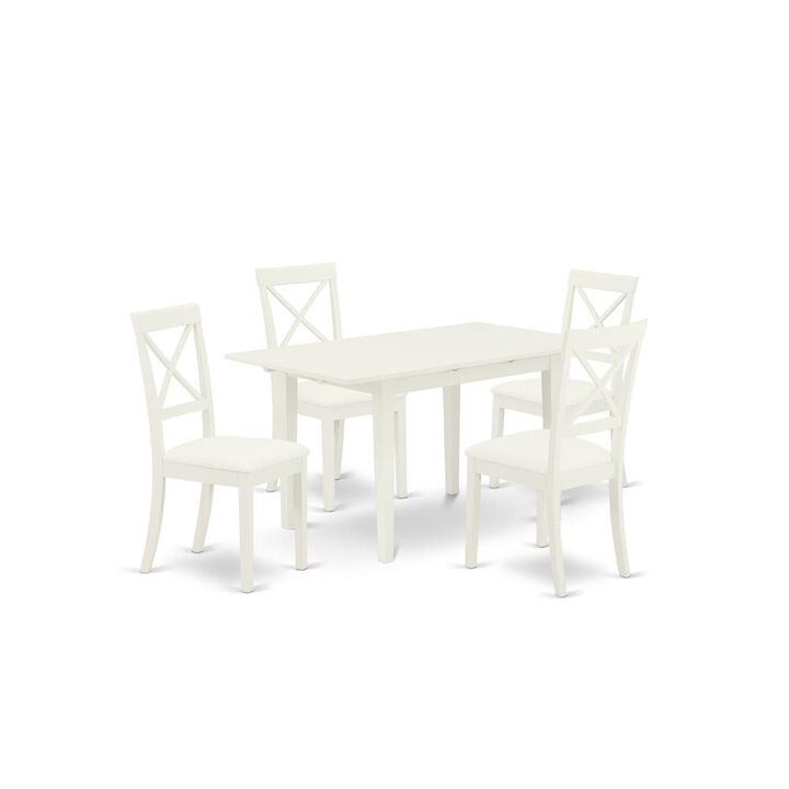 East West Furniture NOBO5-WHI-LC 5-Pc Rectangular Dinette Set 4 Dining Chairs with X-Back and a Faux Leather Seat and Butterfly Leaf Dining Room Table with Rectangular Top and 4 Legs- Linen White Fini