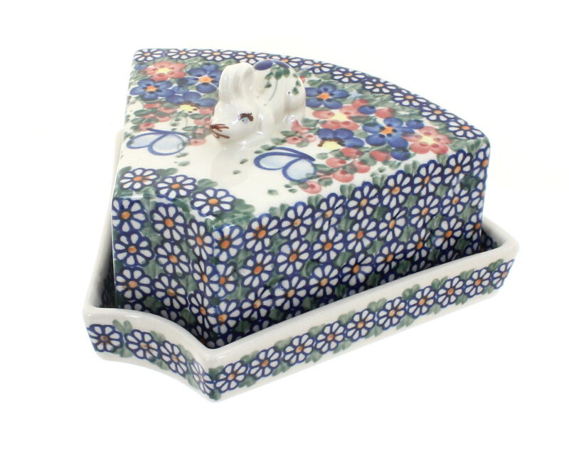 Blue Rose Polish Pottery Garden Butterfly Cheese Dish with Mouse