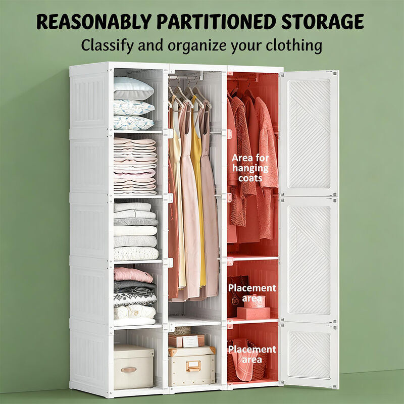 41" W White Foldable Clothing Storage Cabinet Closet Entryway Wardrobe with Magnetic Door image number 4