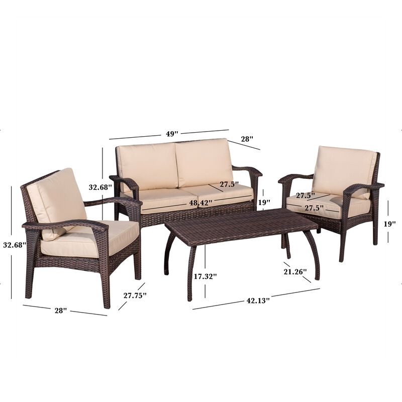 Honi 4pc Outdoor Table Set, 2 Accent Chairs 1 Loveseat, Brown Rattan, Iron