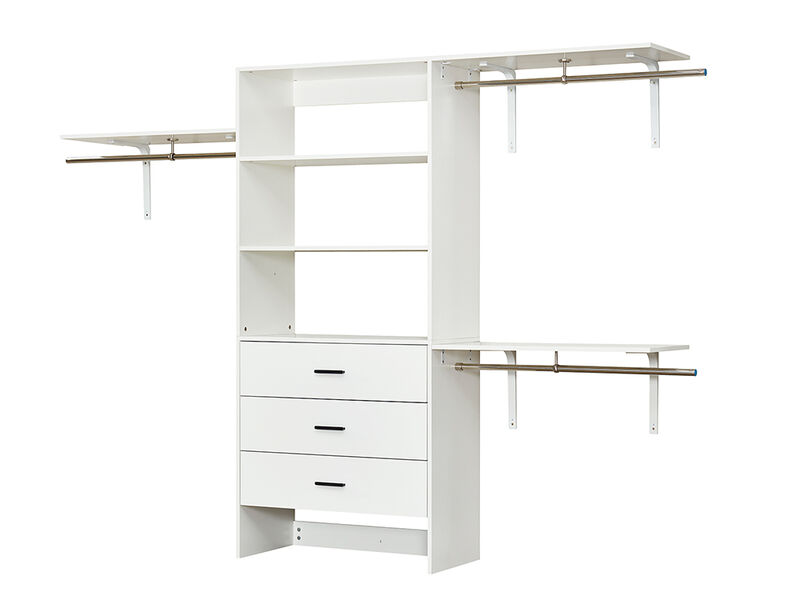 Wood Closet System with 3 Drawers White: Built-in Closet Organizer, Walk-in Closet with Hanging Rod and Shelves for Bedroom Closet Organizer System, 94.49" W x 15.75" D x 70.87" H