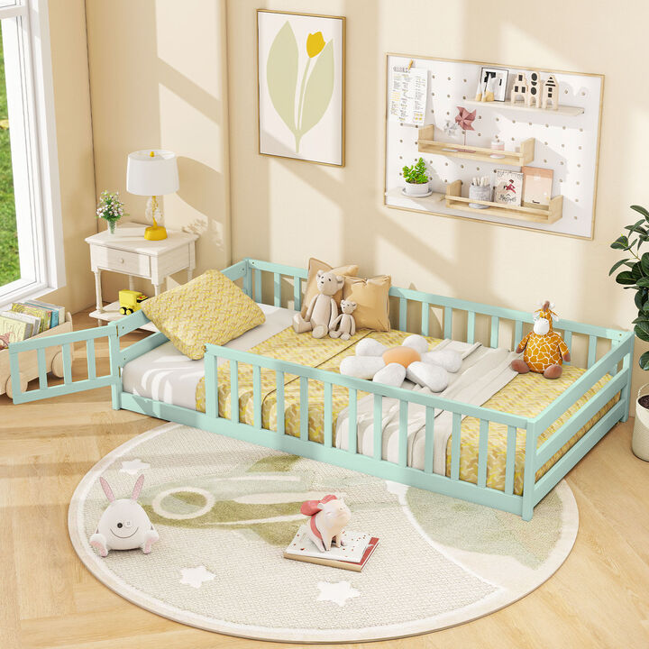 Twin Size Wood Montessori Floor Bed for Kids with Safety Fence and Door