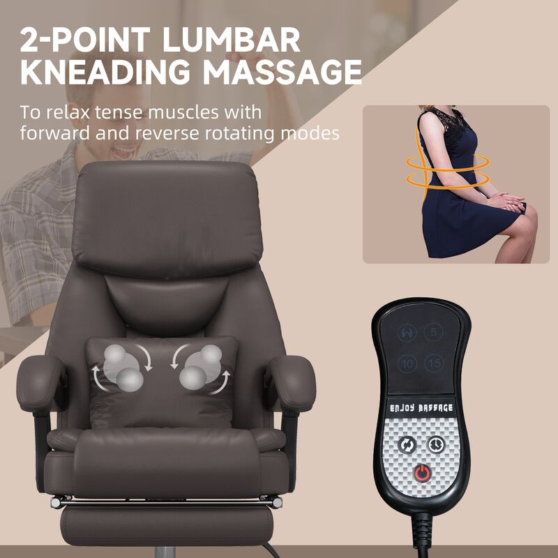 Kneading Massage Office Chair, Reclining Executive Office Chair, PU Leather High Back Computer Chair with Lumbar Cushion, Footrest, Adjustable Height, Dark Brown