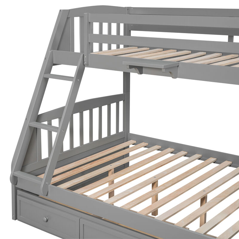 Whisen Twin-Over-Full Bunk Bed with Drawers, Ladder and Storage Staircase- Gray