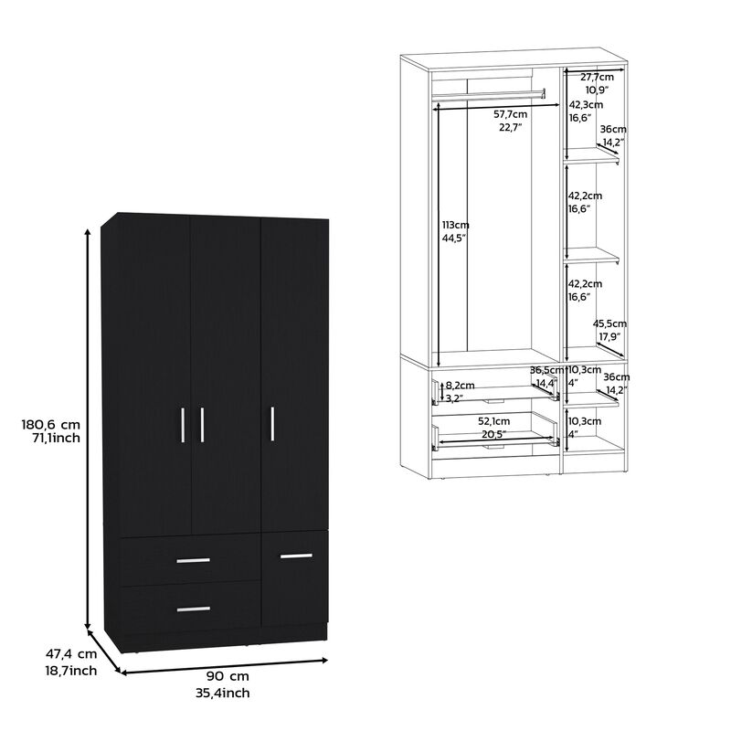Sebree Armoire Wardrove 71", 4 Doors, Hanging Rod, 3 Cabinets, 6 Shelves, Black , Bedroom