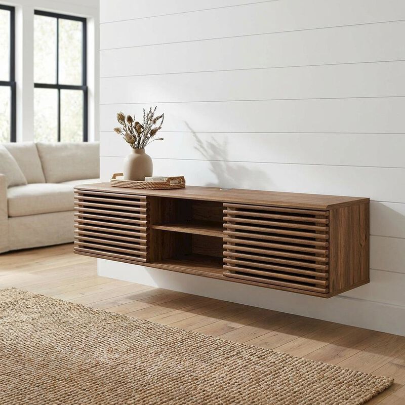 Brown wood wall-mounted media console with sleek design and sturdy construction image number 3