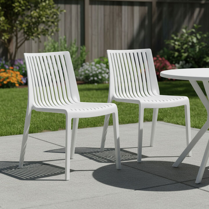 HomeRoots Set of Two White Heavy Duty Plastic Outdoor Stacking Accent Chairs