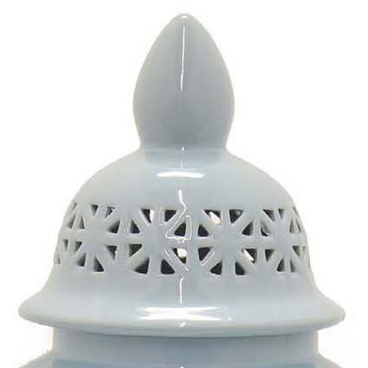 Deni 26 Inch Temple Jar, Ceramic Blue White Floral Cut Out Design with Lid - Benzara