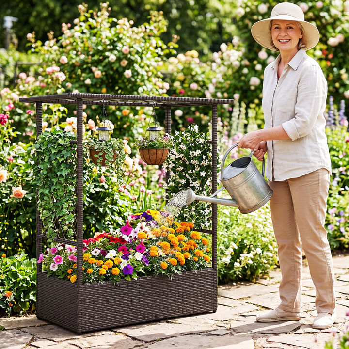Outdoor Raised Garden Bed with Hanging Roof and Dual Trellises