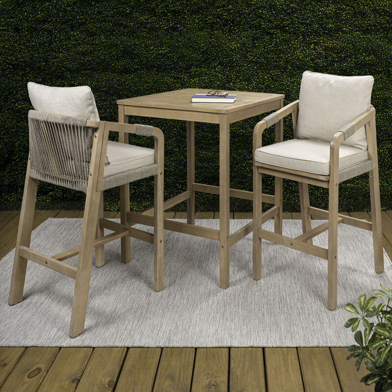 Porto Modern Coastal 3-Piece Acacia Wood Outdoor Square Bar Table Set with Cushions
