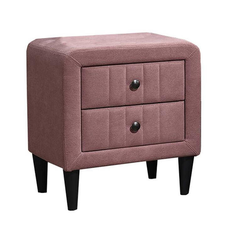 Rheo Nightstand, 2 Drawer, 22 Inch Blush Pink Brushed Linen Upholstery - Benzara