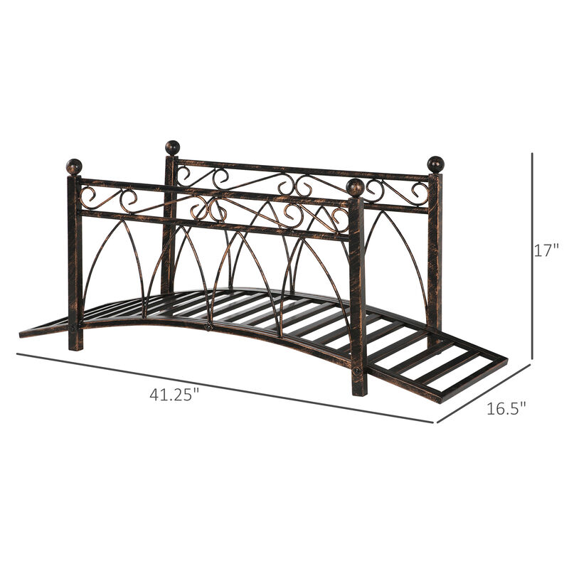 Outsunny 3.3' Metal Arch Zen Garden Bridge with Safety Siderails, Decorative Footbridge, Delicate Scrollwork & Corner Spheres for Stream, Fish Pond, Bronze