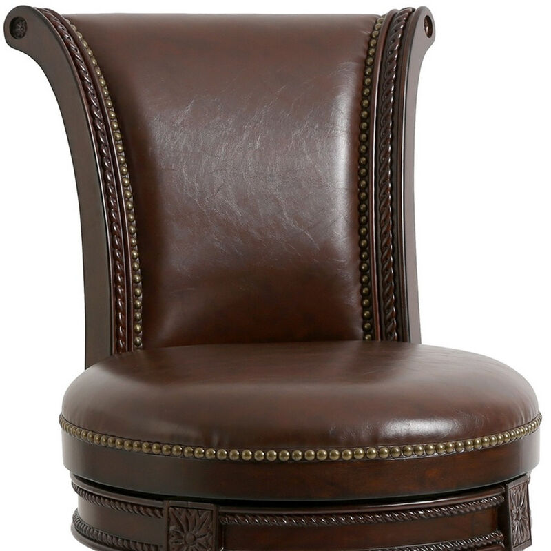 Hivvago 25 Inch Dark Brown Faux Leather and Solid Wood Counter Height Swivel Bar Chair