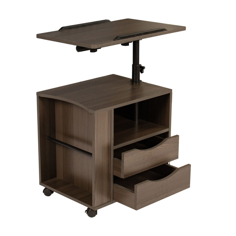 Height Adjustable Overbed End Table Wooden Nightstand with Swivel Top, Storage Drawers, Wheels and Open Shelf