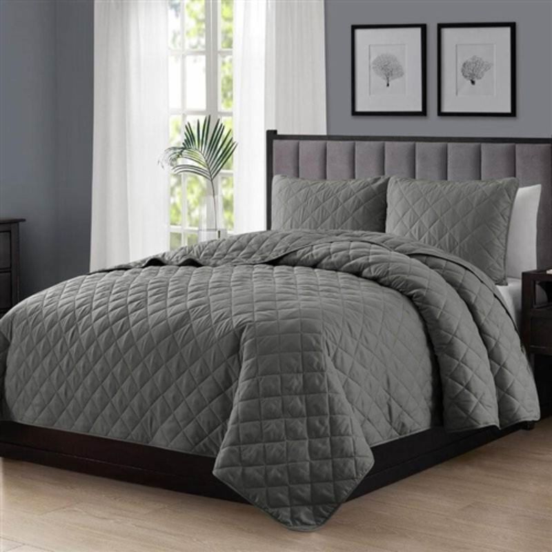 Hivvago Twin/Twin XL 2 Piece Dark Grey Polyester Microfiber Diamond Quilt Set